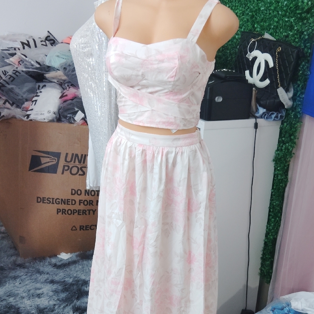 SHEIN Pink Midi A-Line Skirt Set for Prom